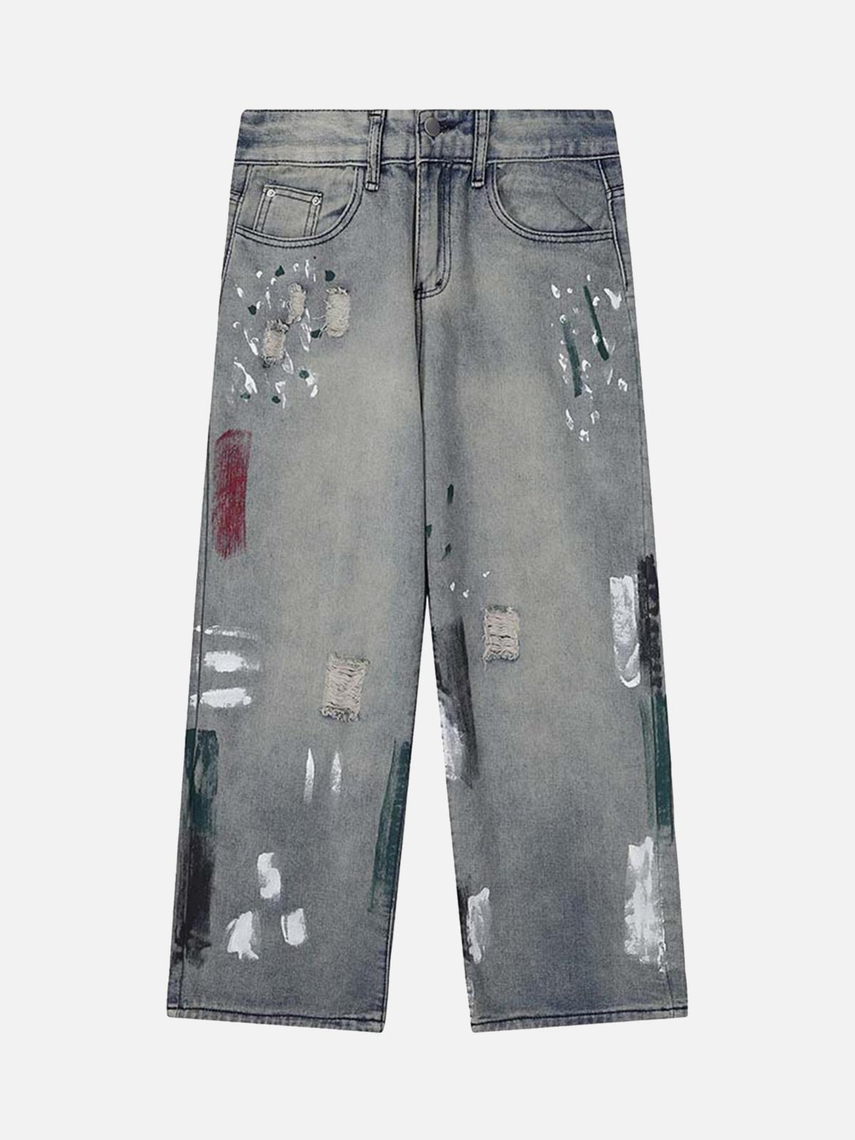 TALISHKO Vintage Ink Splash Washed And Distressed Jeans
