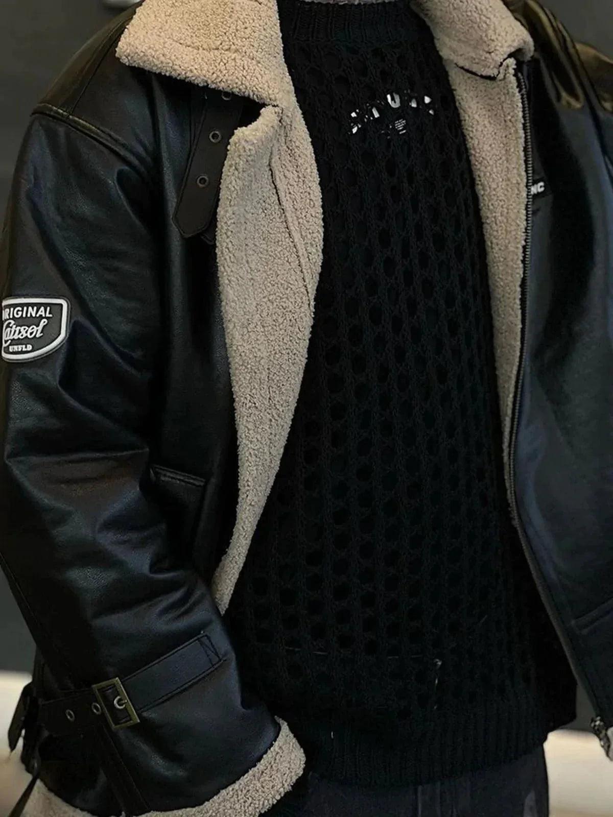 TALISHKO Zipper Lapel PU Borg Jacket