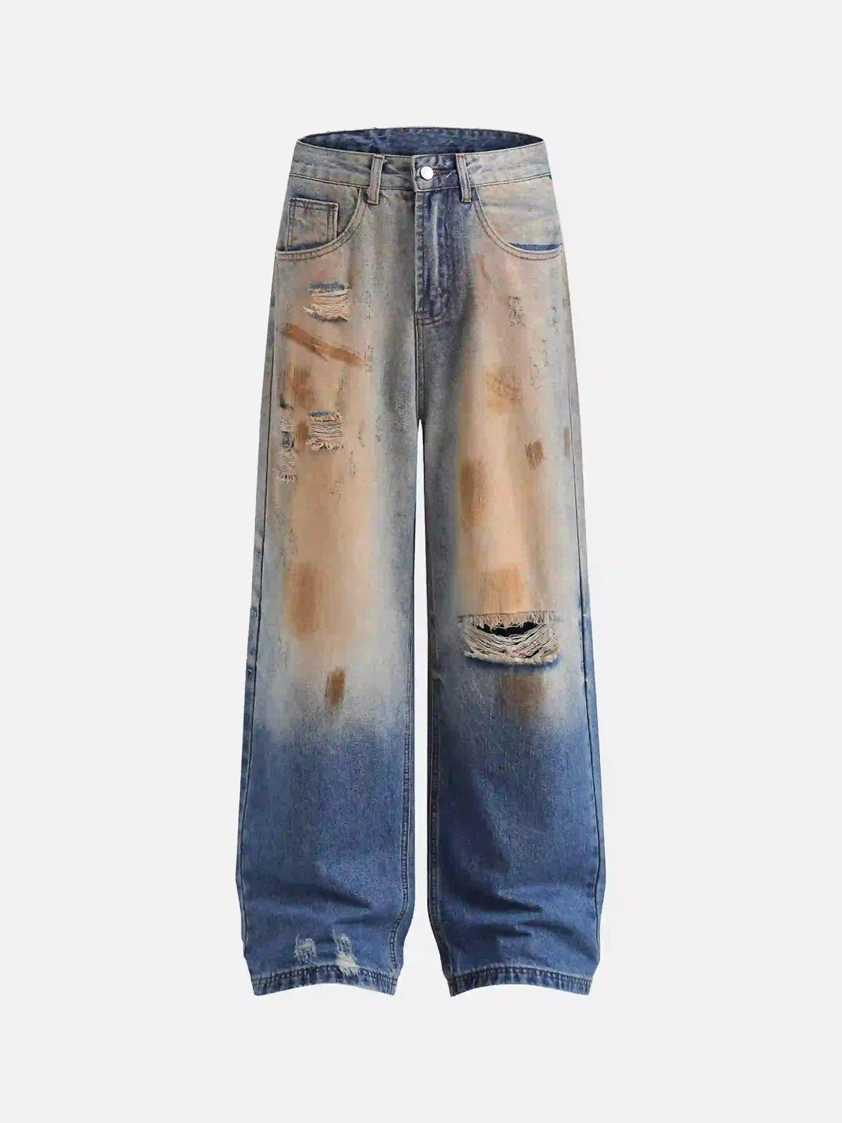 TALISHKO Hip-Hop Ripped Mud-Dyed Jeans