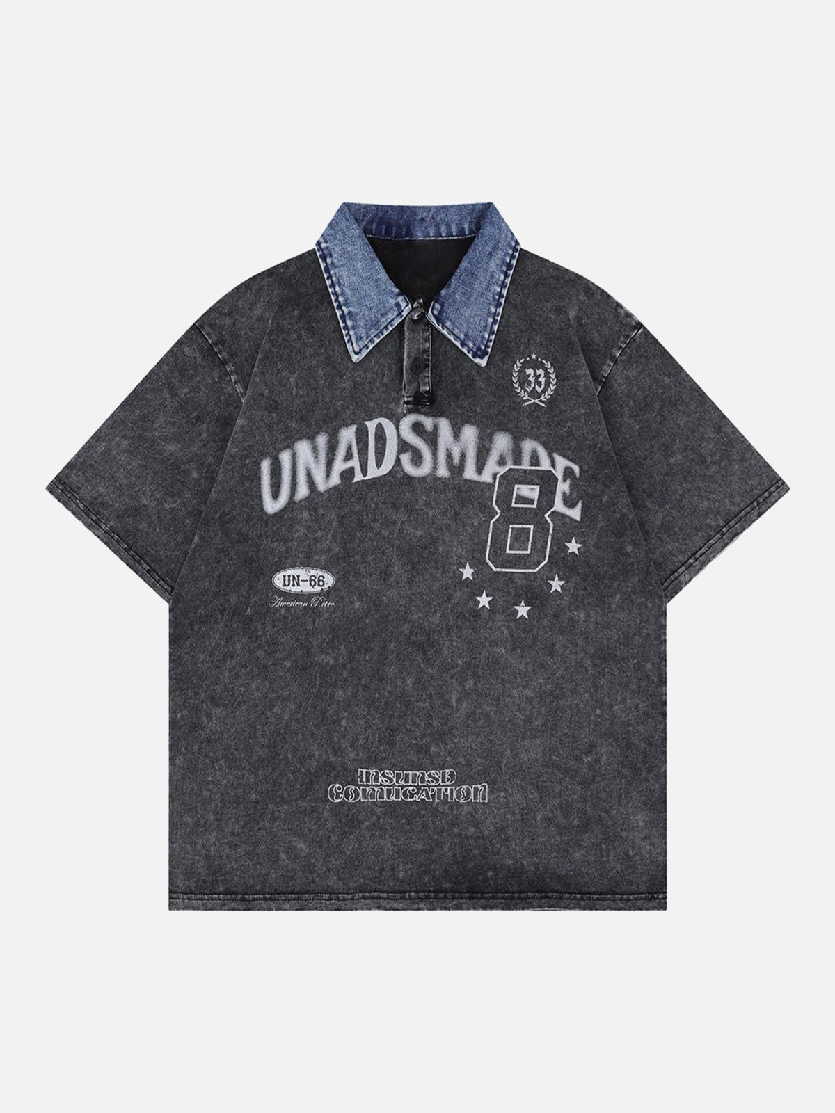 TALISHKO Distressed Embroidered Denim Collar Polo Shirt