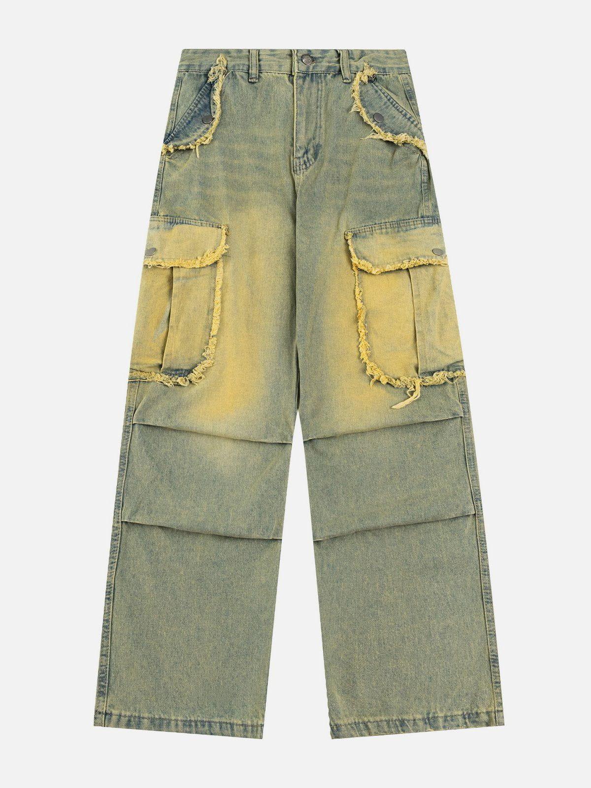 TALISHKO Multi Pocket Fringe Washed Jeans