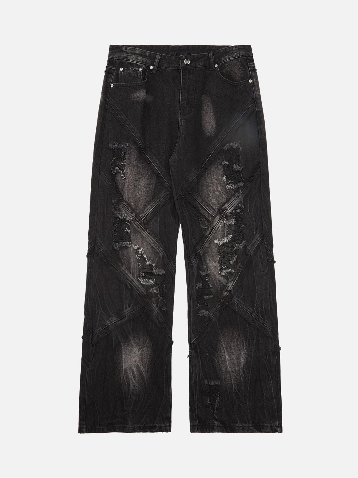 TALISHKO Heavy Washed Ripped Plaid Stitching Hip-Hop Jeans