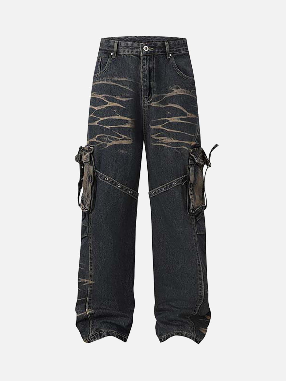 TALISHKO Vintage Washed Distressed Multi Pocket Cargo Jeans