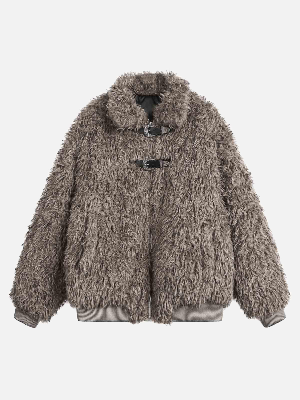 TALISHKO Metal leather button Faux Fur Jacket