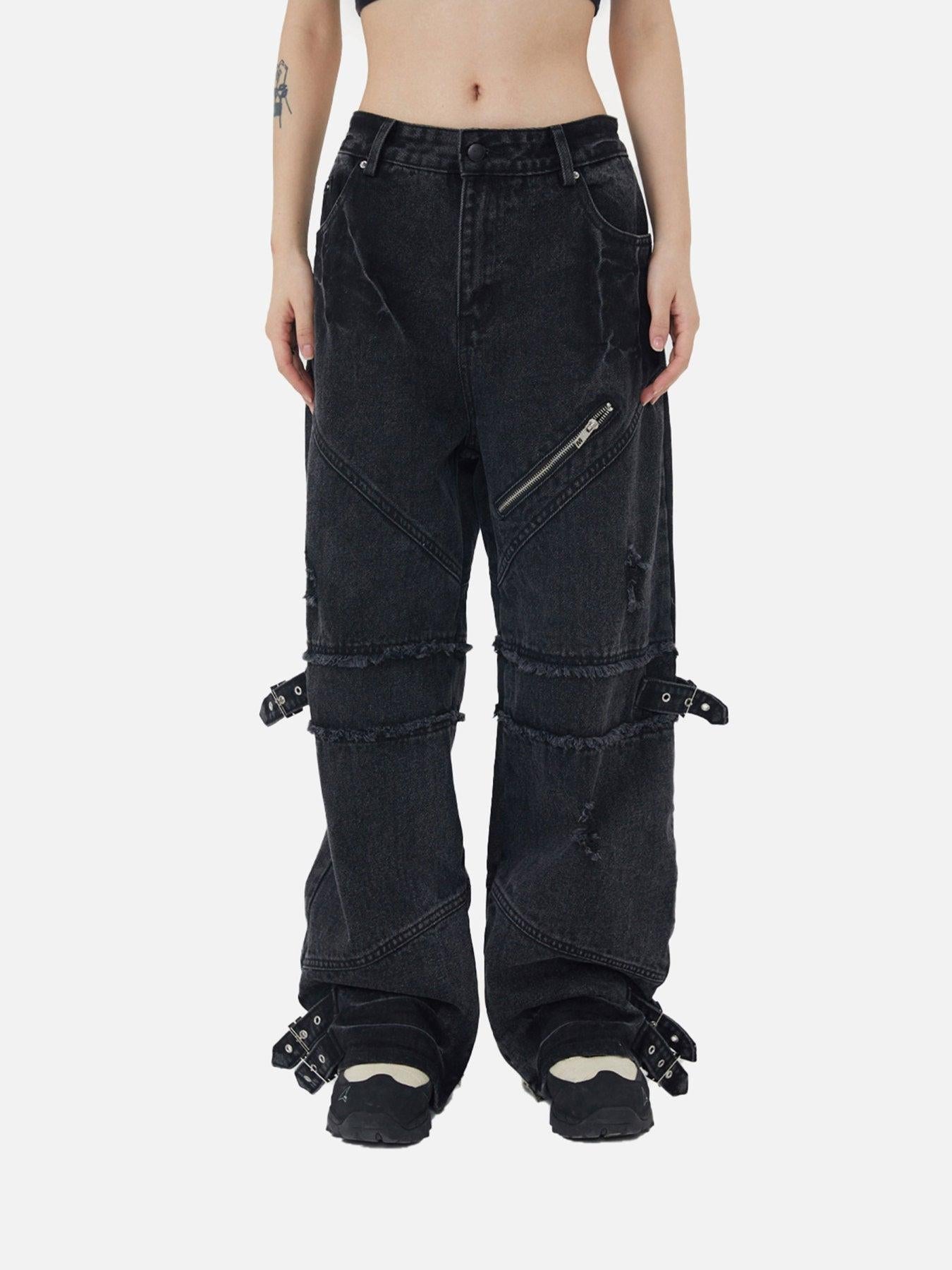 TALISHKO Hip-Hop Retro Wash Denim Straight-Leg Pants