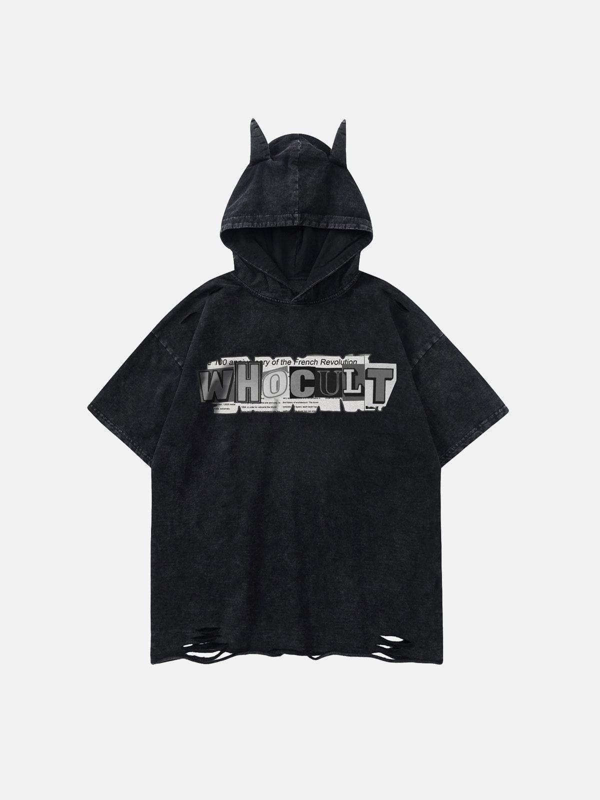 TALISHKO Letter Print Ripped Hooded Tee