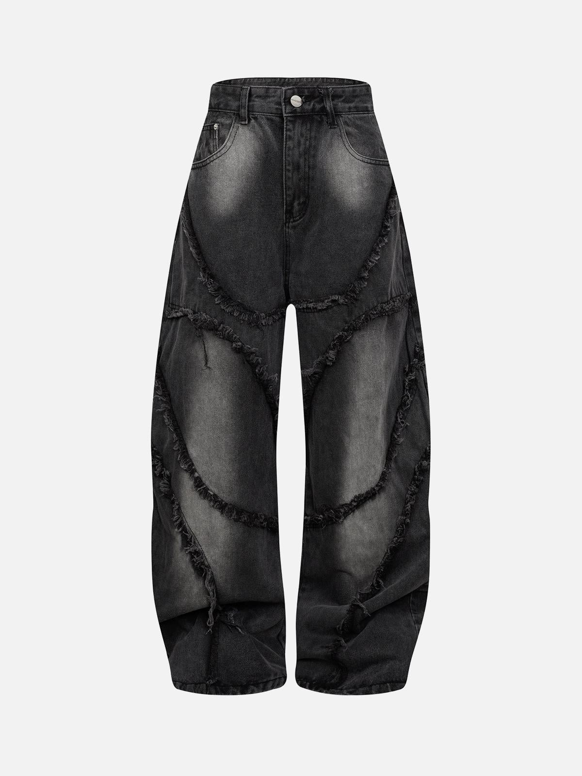 TALISHKO Washed Distressed Raw Edge Barrel Jeans