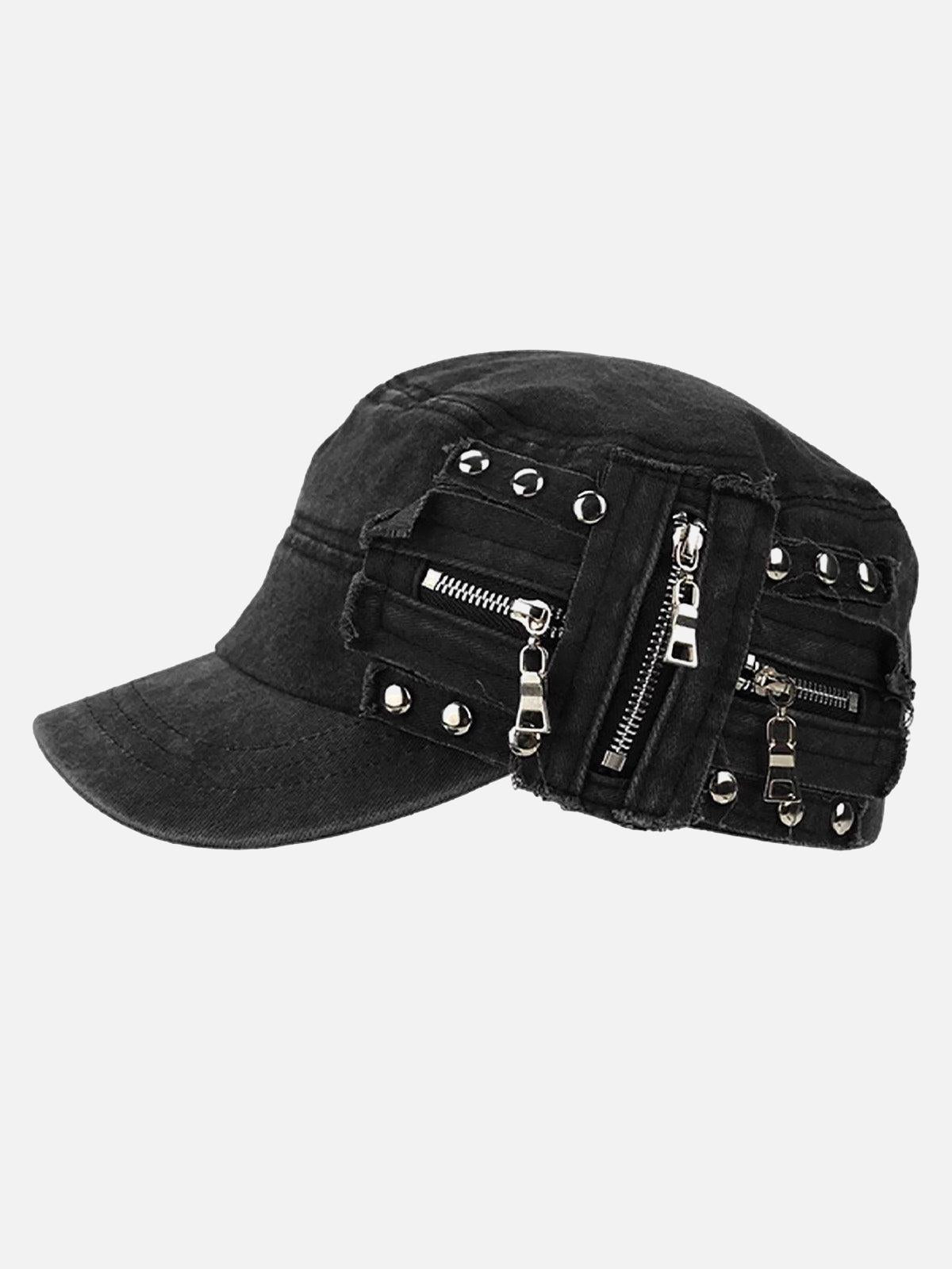 TALISHKO Washed Rivet Zipper Flat Top Cap