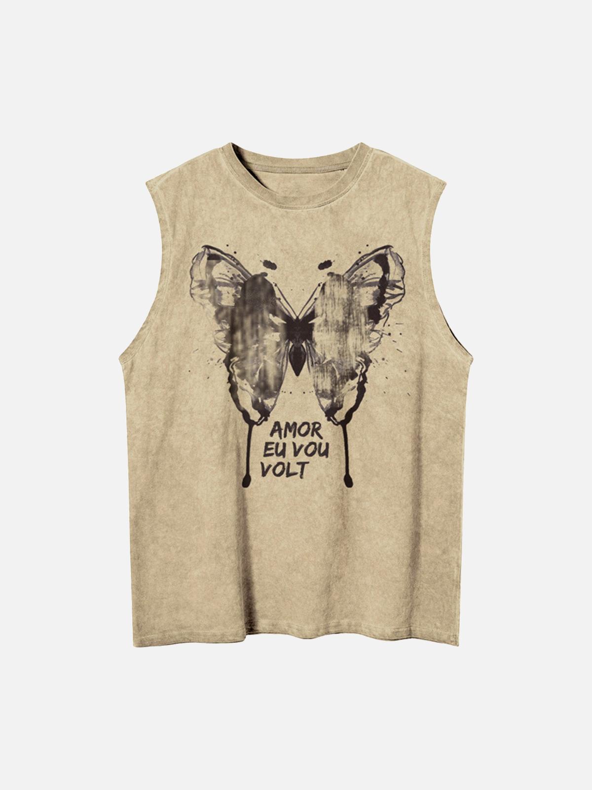 TALISHKO Washed Distressed Butterfly Print Vest