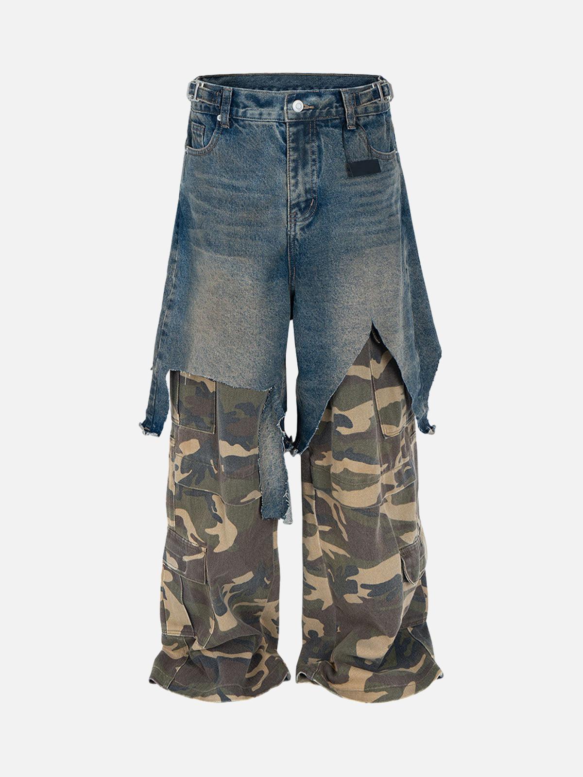 TALISHKO Retro Stitching Faux Two-Piece Camouflage Jeans