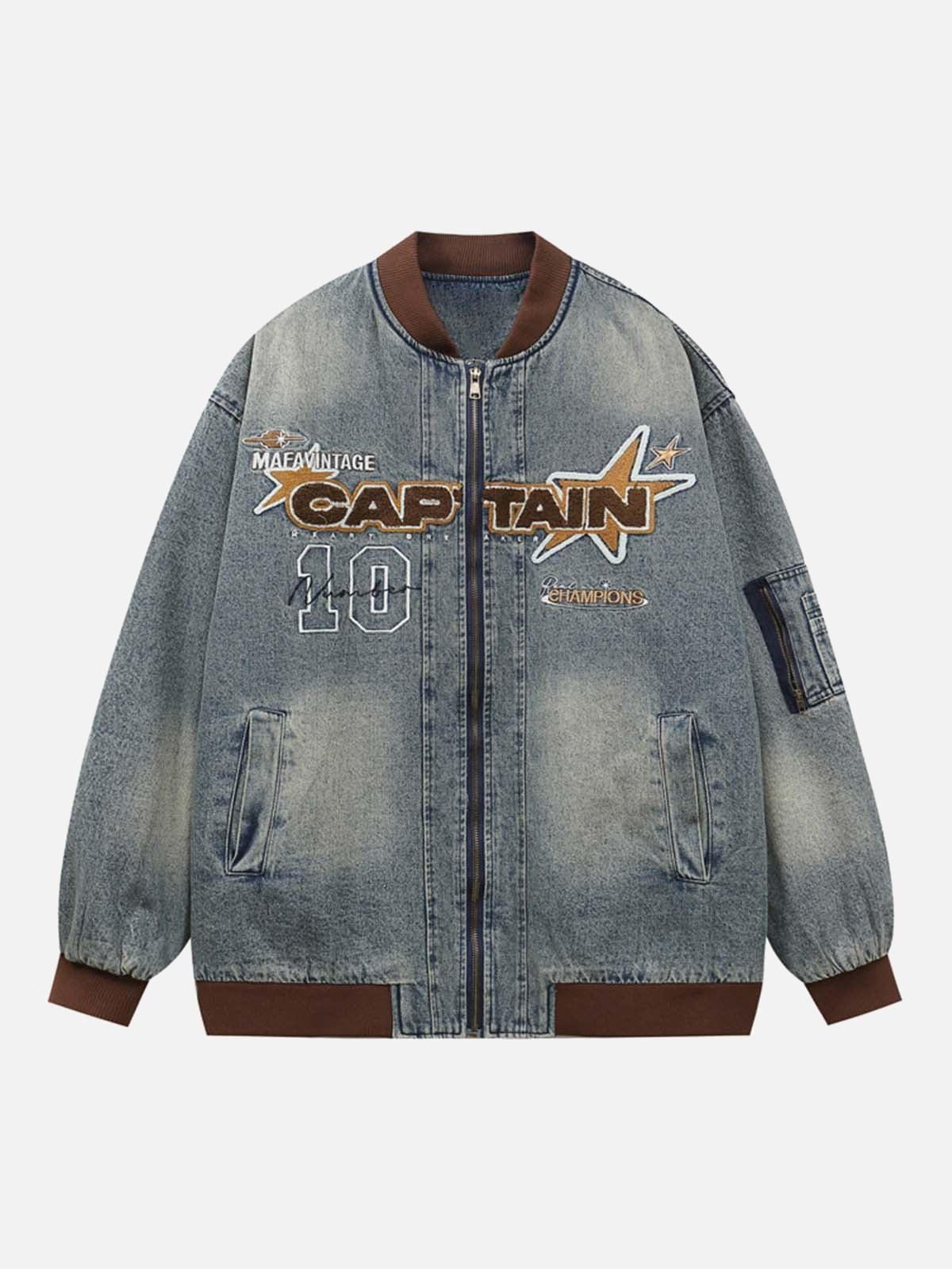 TALISHKO Alphabet Patch Embroidered Quilted Denim Bomber Jacket