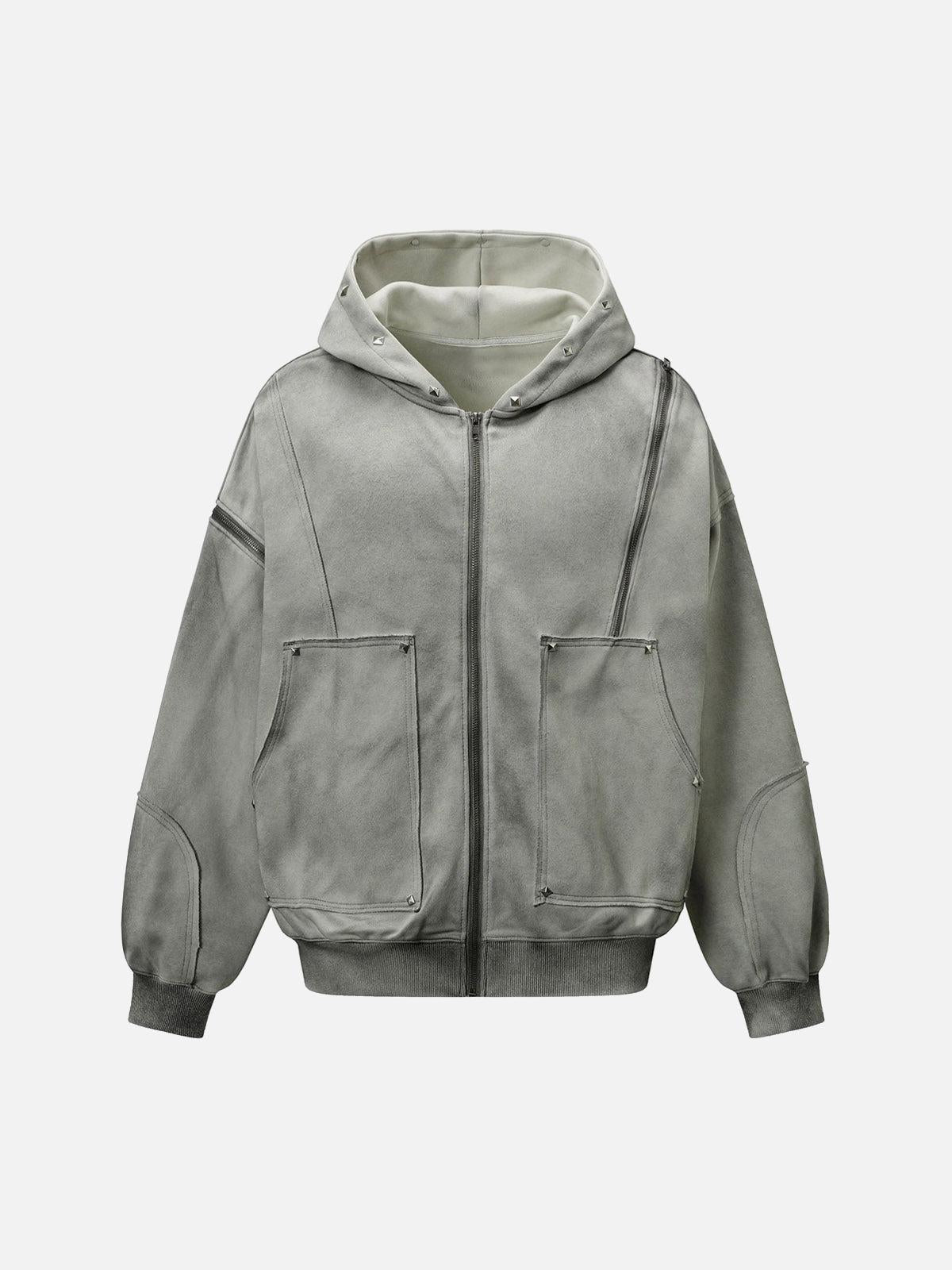 TALISHKO Street Washed Distressed Stitching Rivet Hooded Jacket