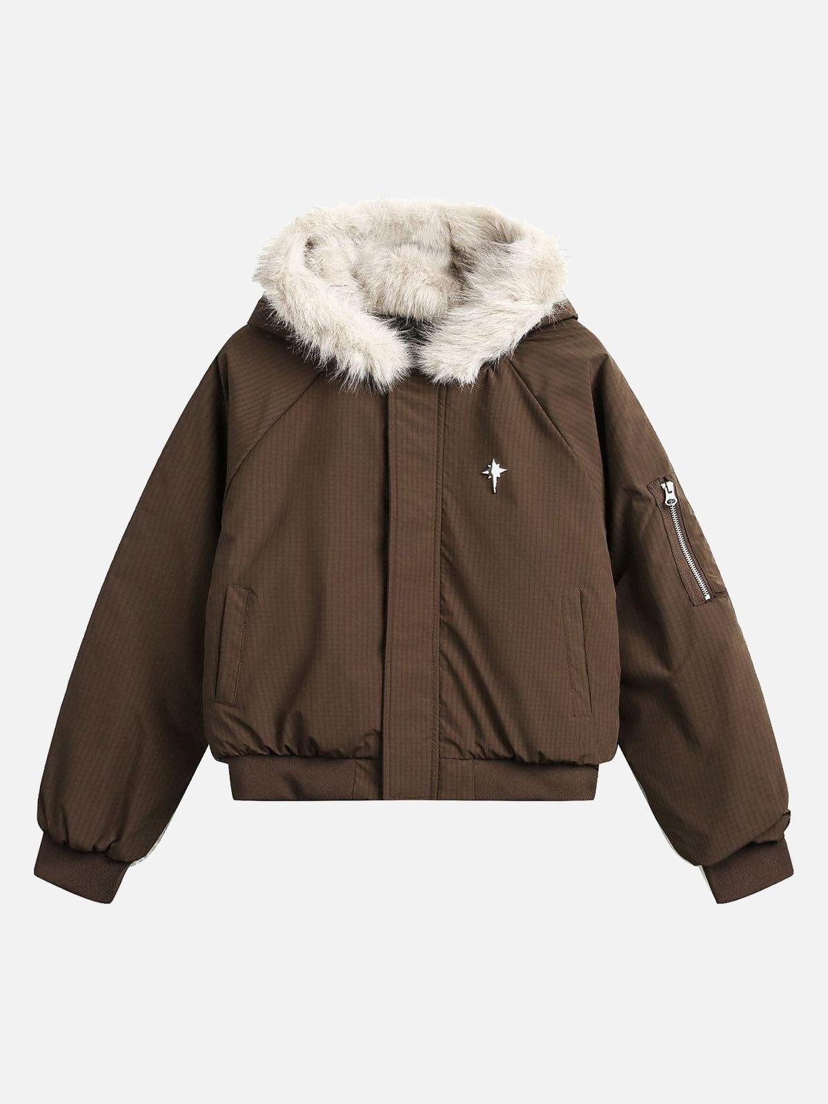 TALISHKO Retro Fur Hooded Fleece Bomber Jacket