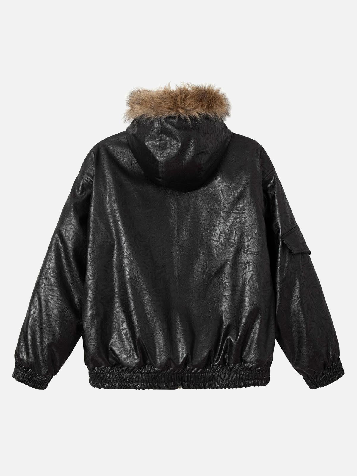 TALISHKO Lace Lettering Fur Hooded Leather Quited Jacket