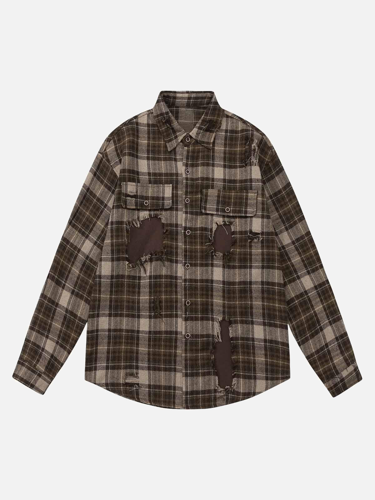 TALISHKO Retro Ripped Patchwork Long Sleeve Plaid Shirt