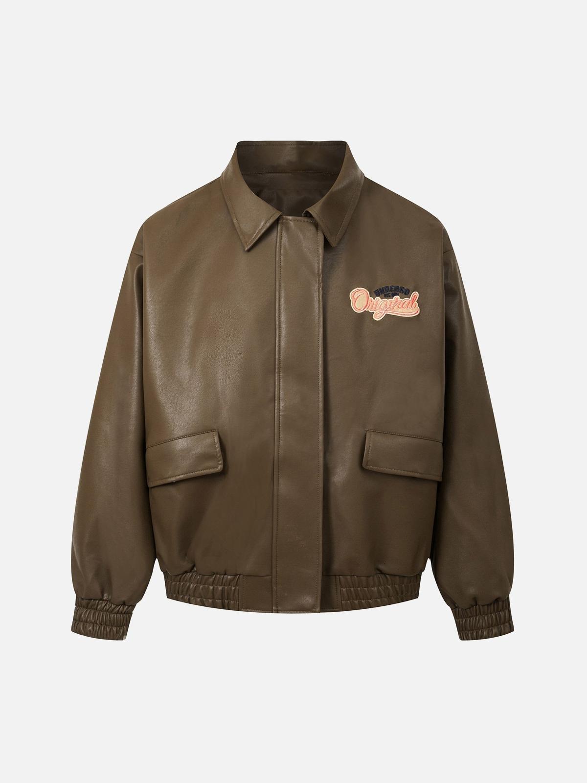 TALISHKO Lettering Embroidered Leather Bomber Jacket