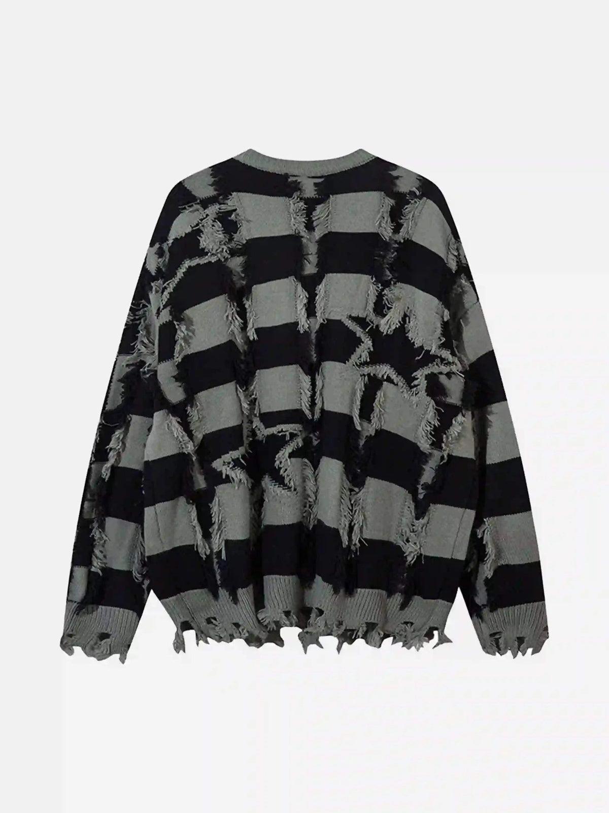 TALISHKO Street Star Stripe Whisker Ripped Crew Neck Sweater