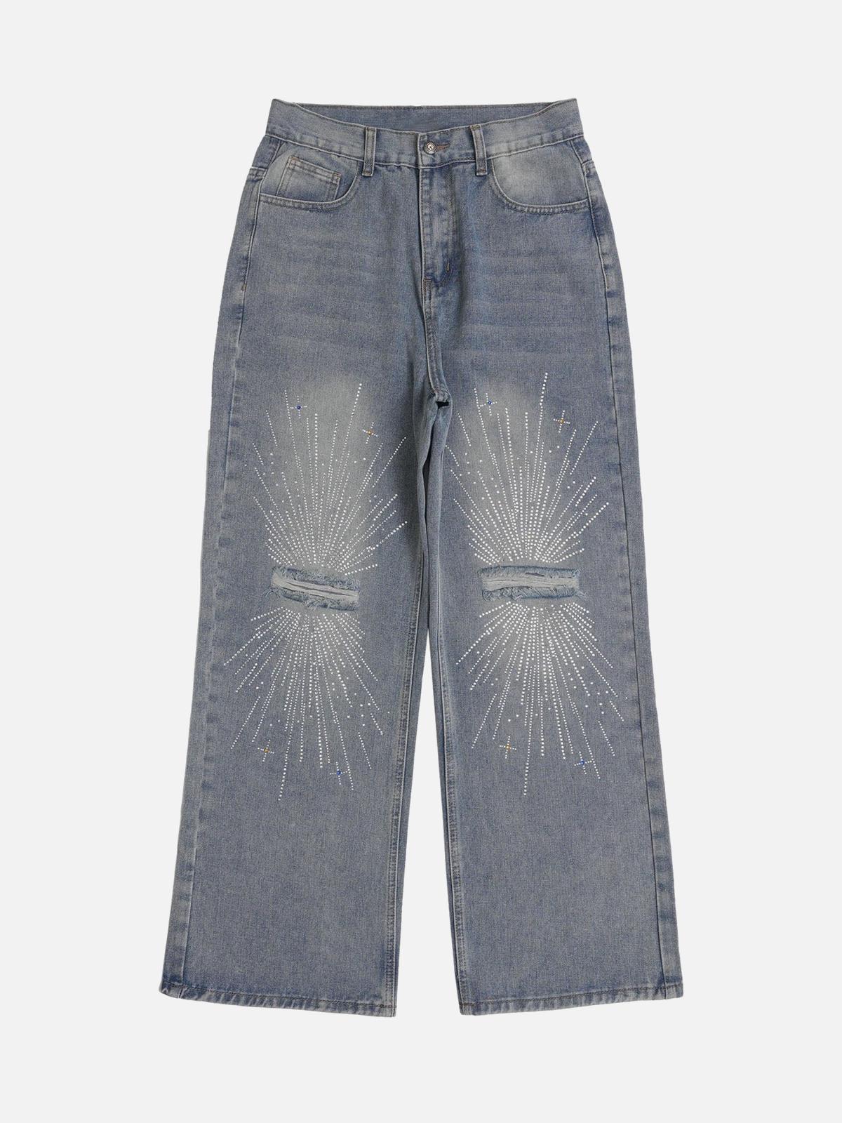 TALISHKO Hip-Hop Shining Cross Hot Diamond Distressed Washed Baggy Jeans