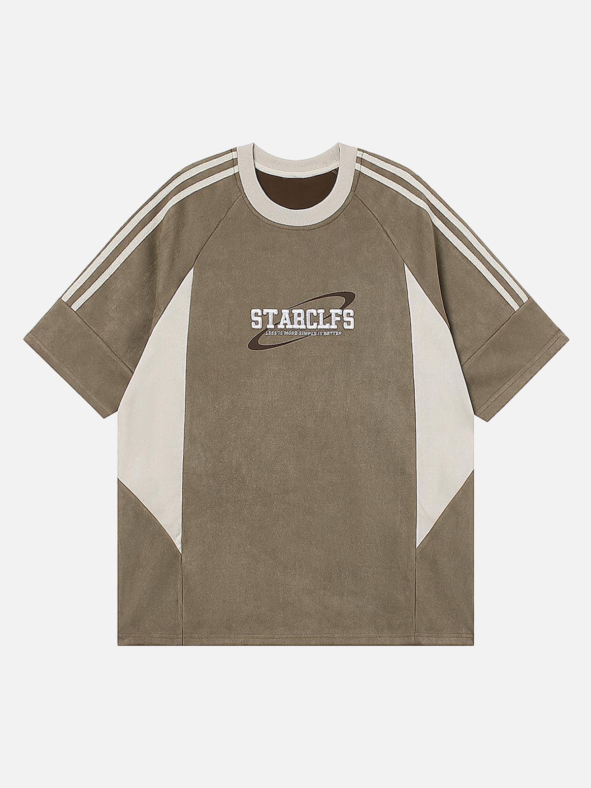 TALISHKO Suede Contrast Color Spliced Letter Embroidery Oversize T-Shirt