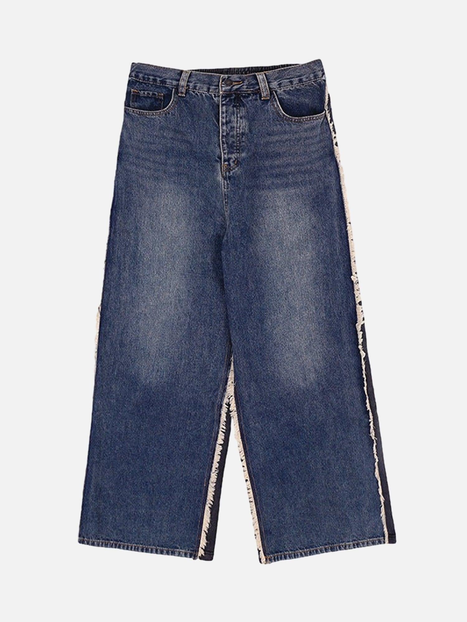 TALISHKO Slub Cotton Patchwork Frayed Jeans