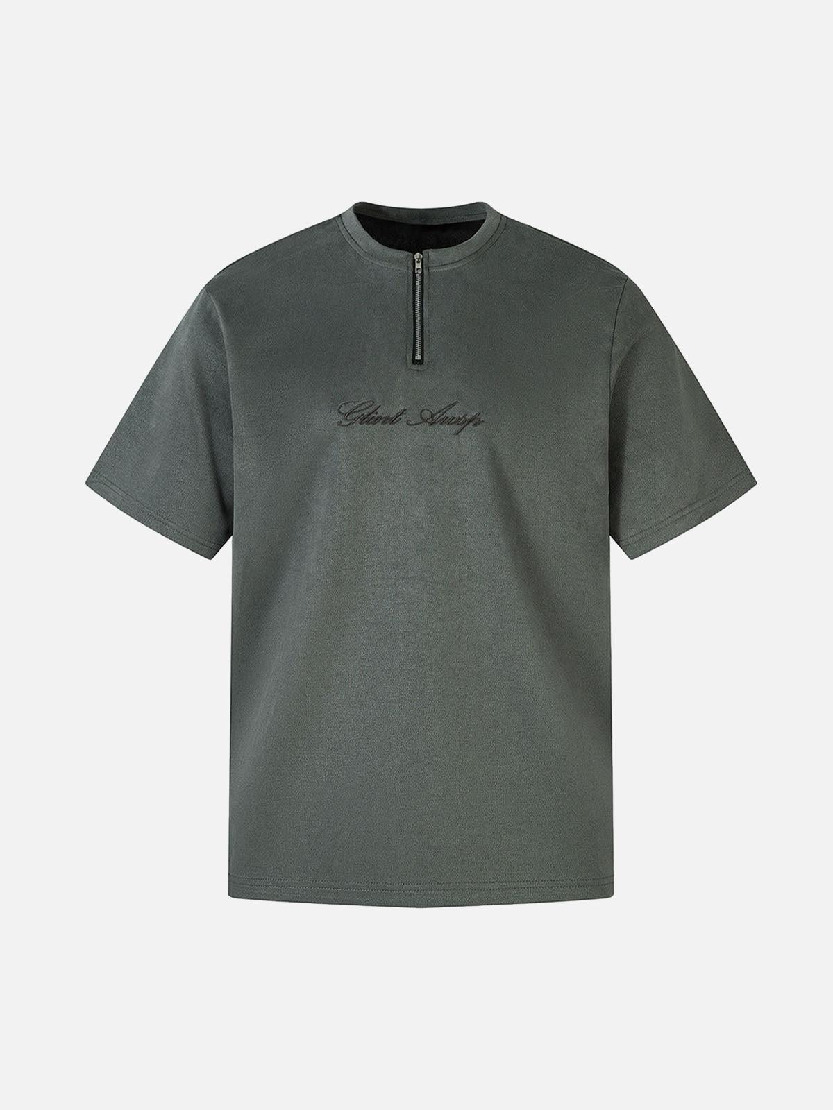 TALISHKO Retro Quarter Zip Up Suede Embroidered T-Shirt