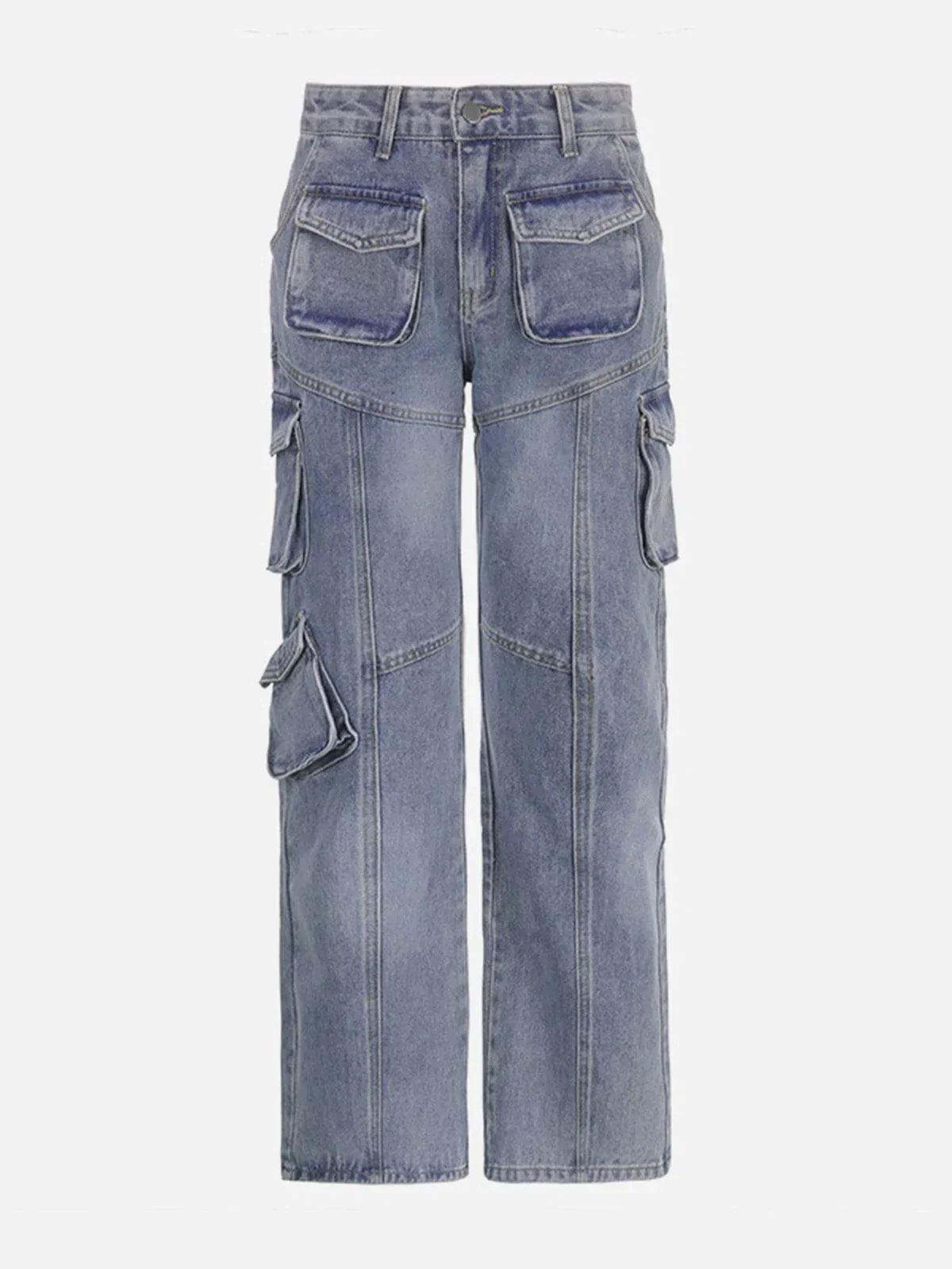 TALISHKO Pocket Patchwork High Rise Straight Leg Jeans