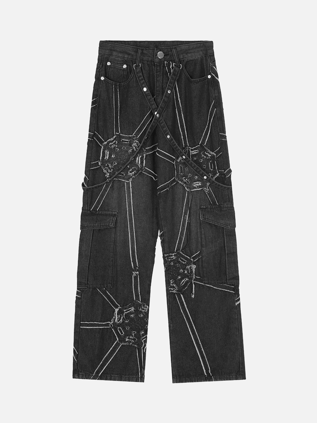 TALISHKO High Street Hip-Hop Spider Web Denim Pants