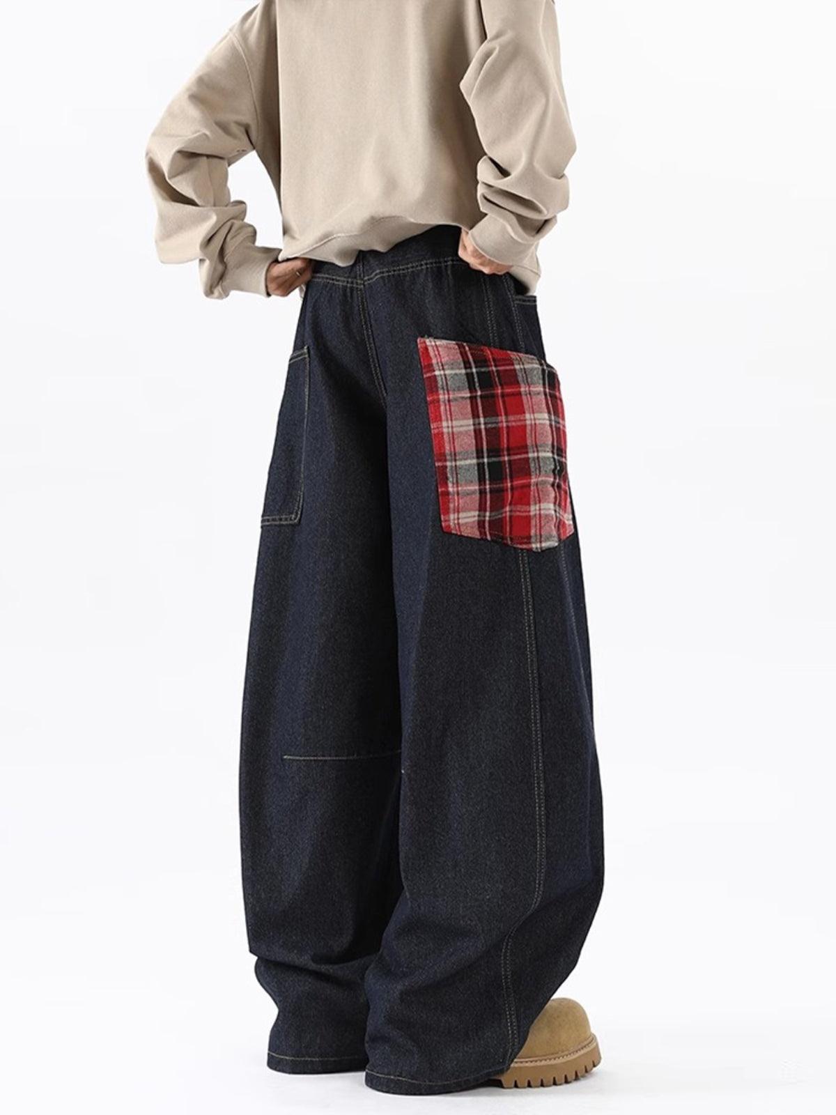 TALISHKO Plaid Pocket Barrel Loose Jeans