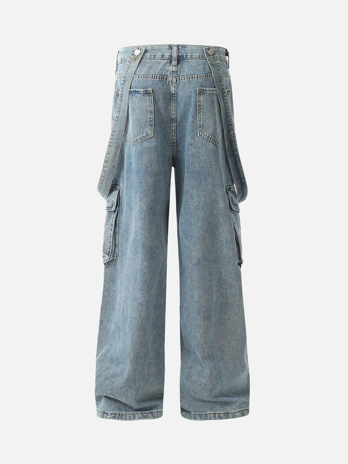 TALISHKO Retro Detachable Strap Multi-Pocket Jeans