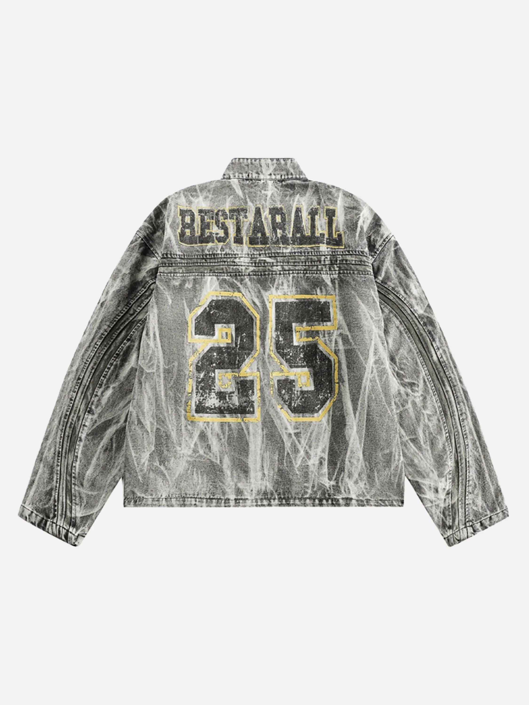 TALISHKO Vintage Racing Distressed Print Zip-Up Collar Jacket