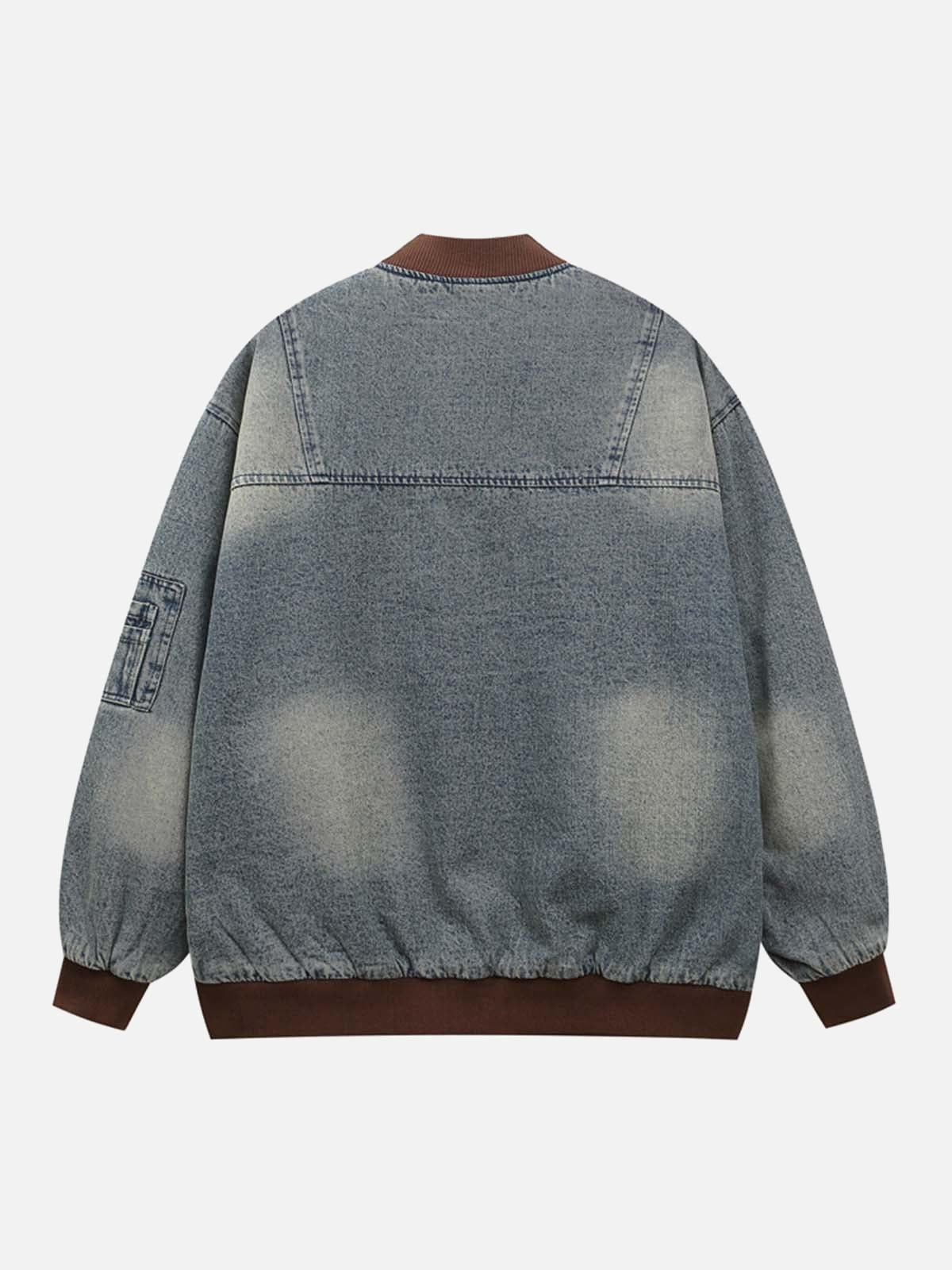 TALISHKO Alphabet Patch Embroidered Quilted Denim Bomber Jacket