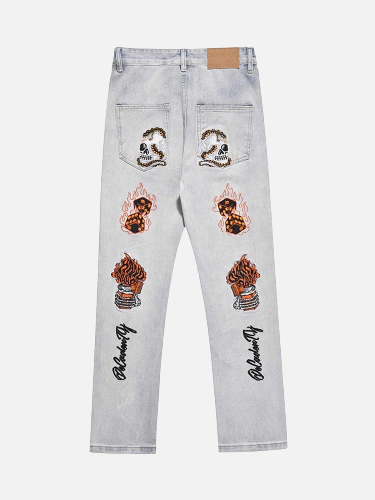 TALISHKO Skull Flame Monogram Embroidered Slim Fit Jeans