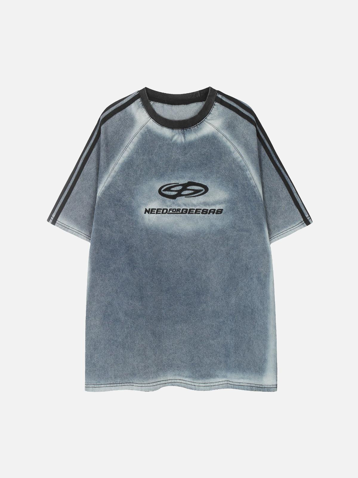 TALISHKO Retro Letter Embroidery Contrast Denim T-Shirt