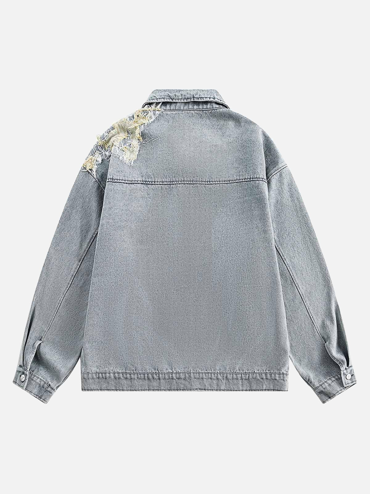 TALISHKO Ripped Lace Panel Denim Jacket