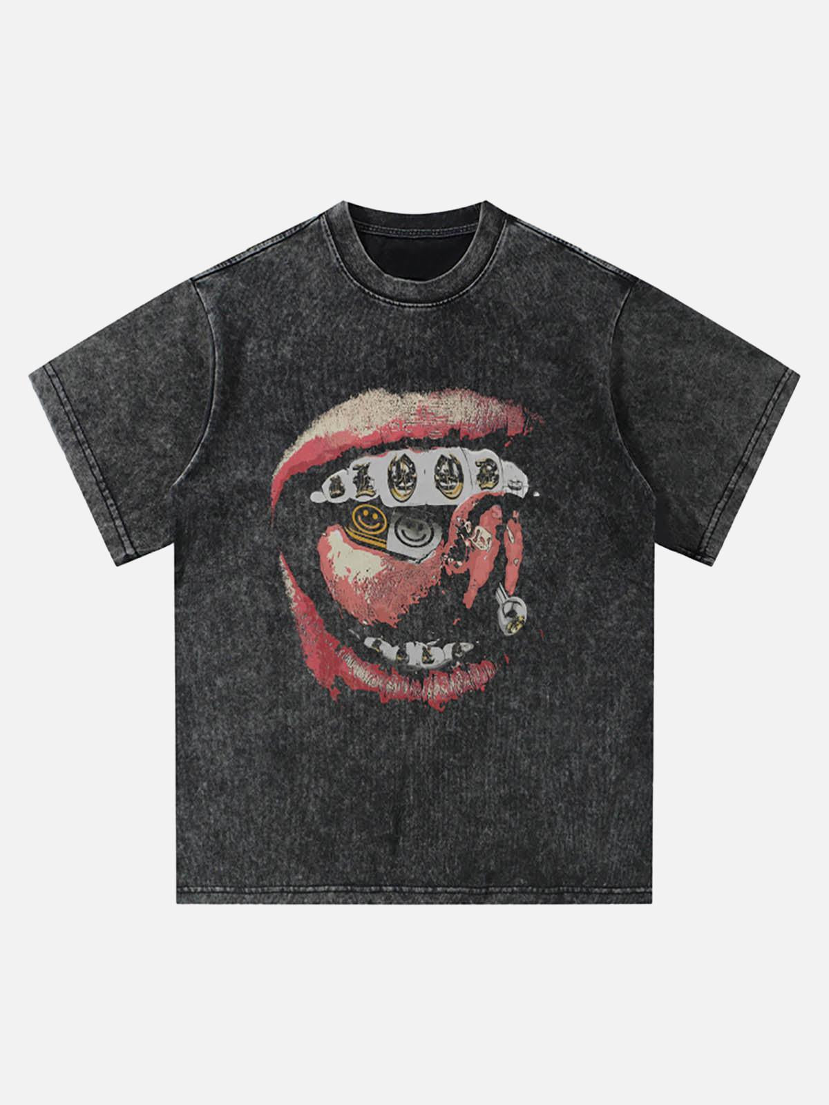 TALISHKO Street Retro Washed Lip Print T-Shirt