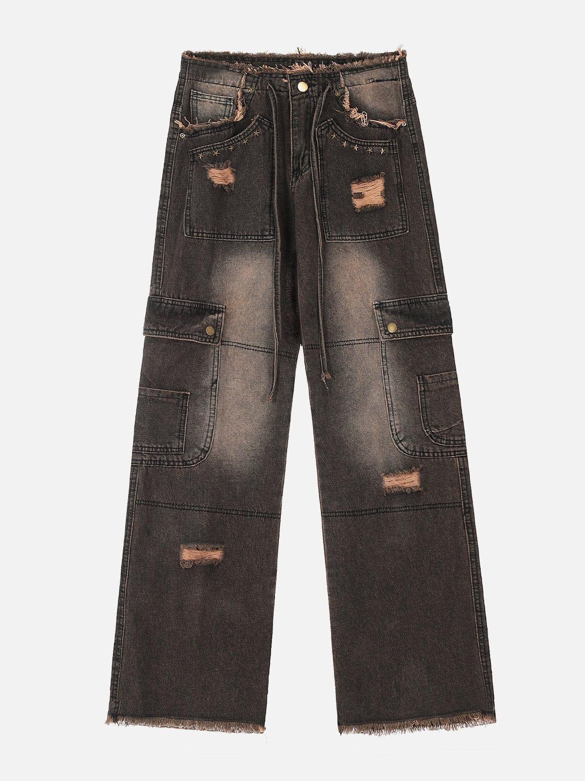 TALISHKO Multi-Pocket Ribbon Raw Edge Jeans
