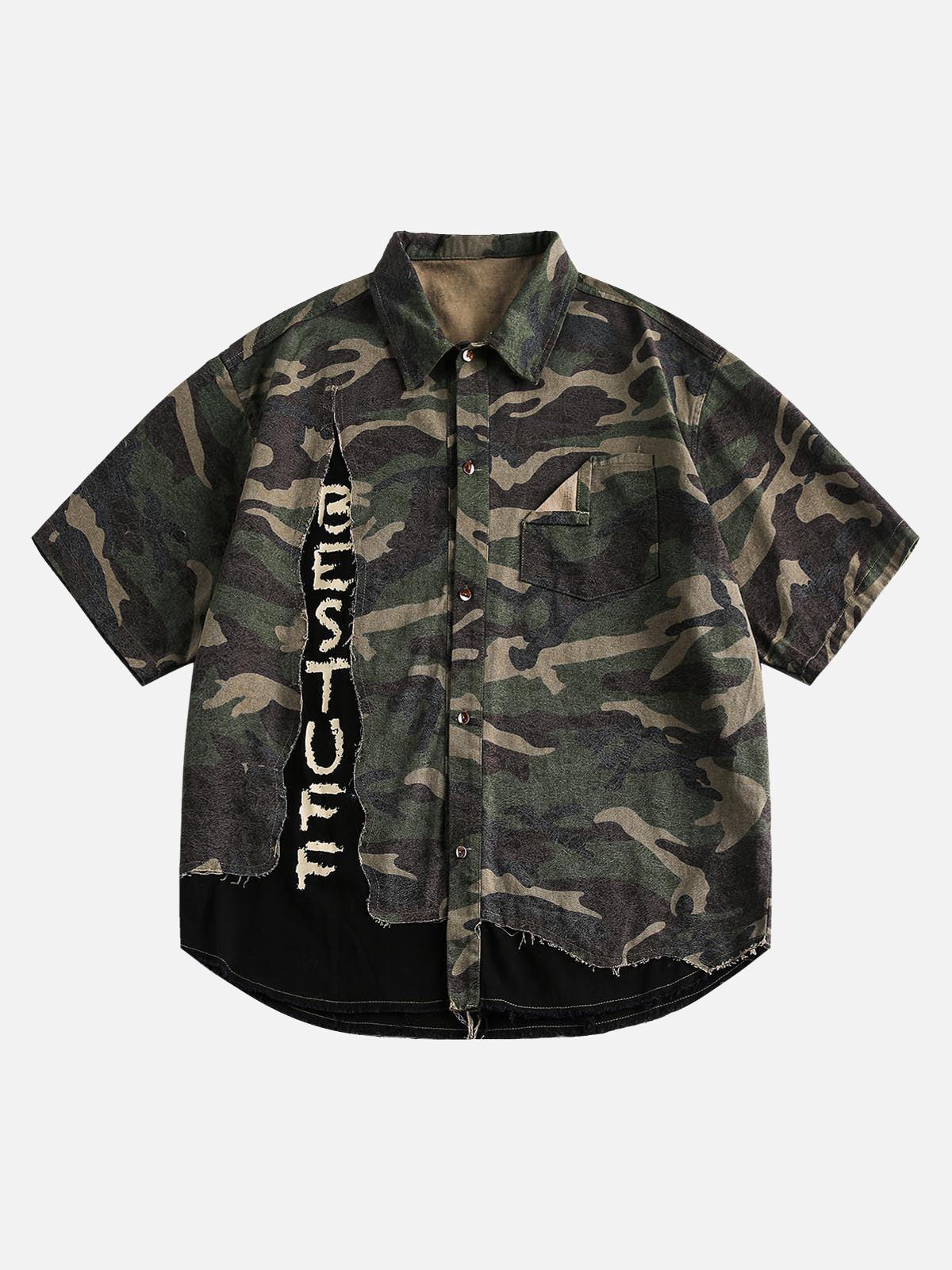 TALISHKO Camouflage Patchwork Print Letter Short Sleeve Shirt
