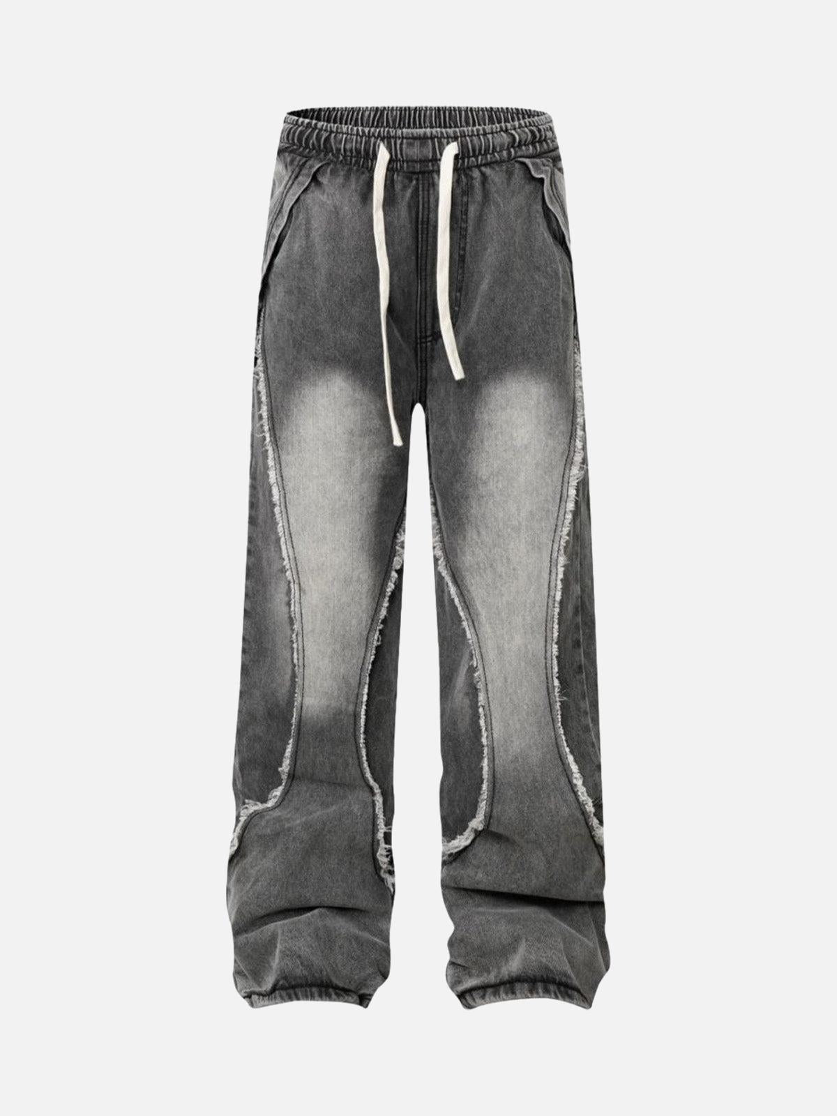 TALISHKO Washed Distressed Raw Edge Drawstring Jeans