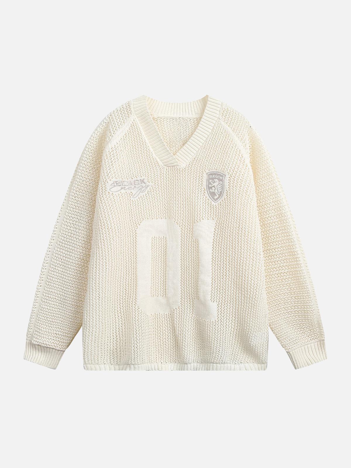 TALISHKO Vintage Ripped Long Sleeve Knitted Jersey V-Neck Sweater