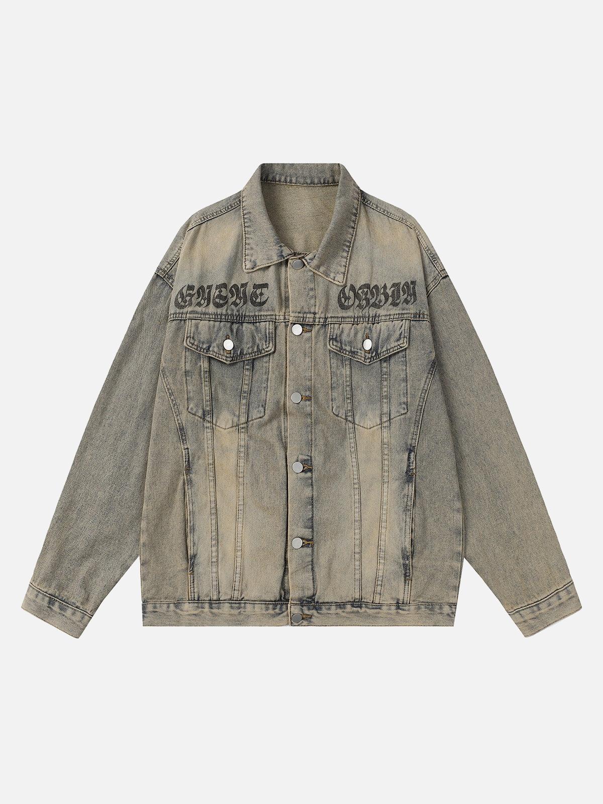 TALISHKO Washed Vintage Letter Print Denim Jacket