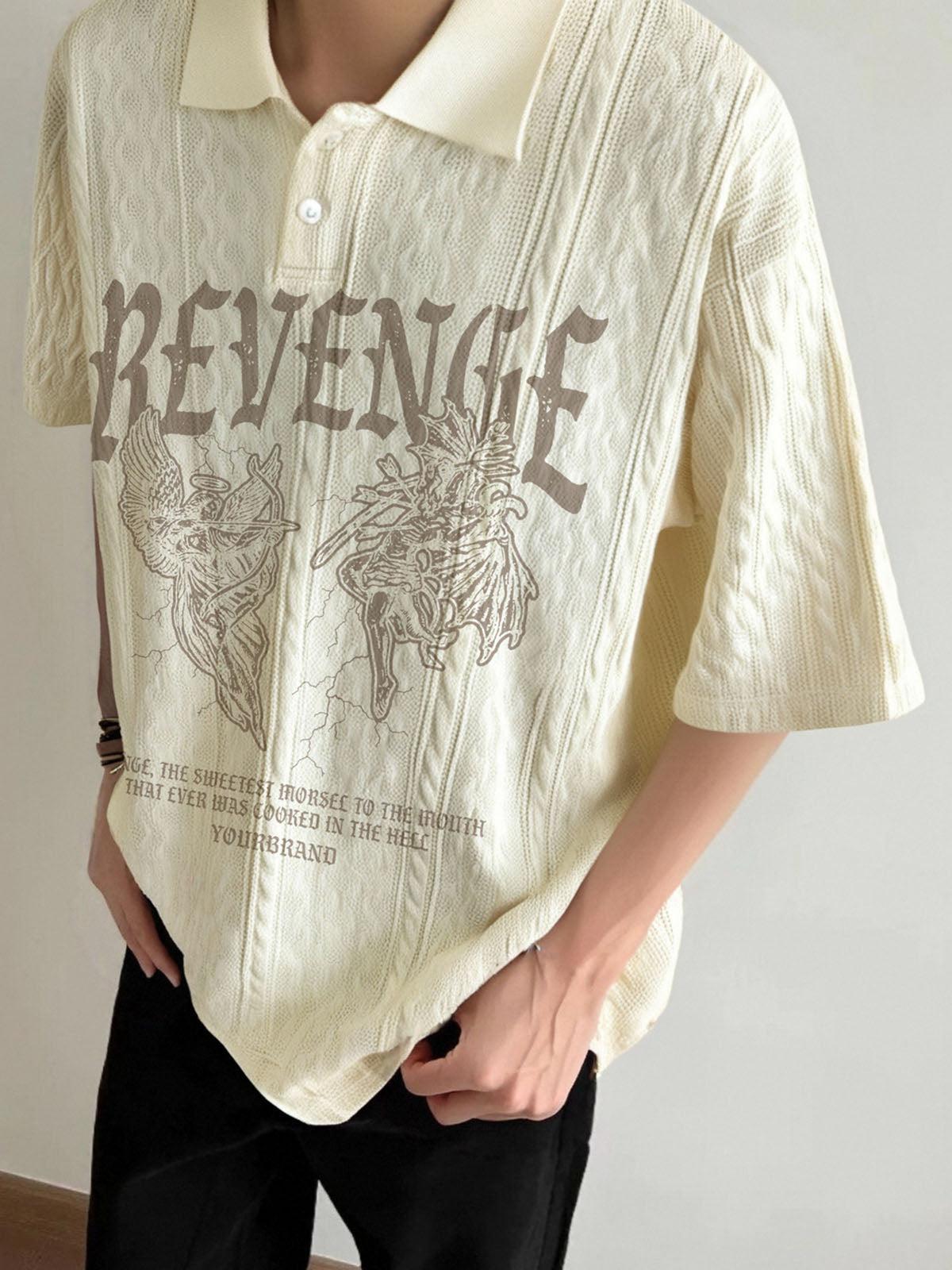 TALISHKO Retro Letter Print Lapel Short Sleeve Polo Shirt