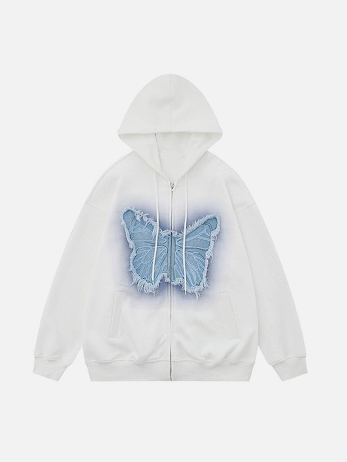 TALISHKO Distressed Butterfly Patch Cardigan Hoodie