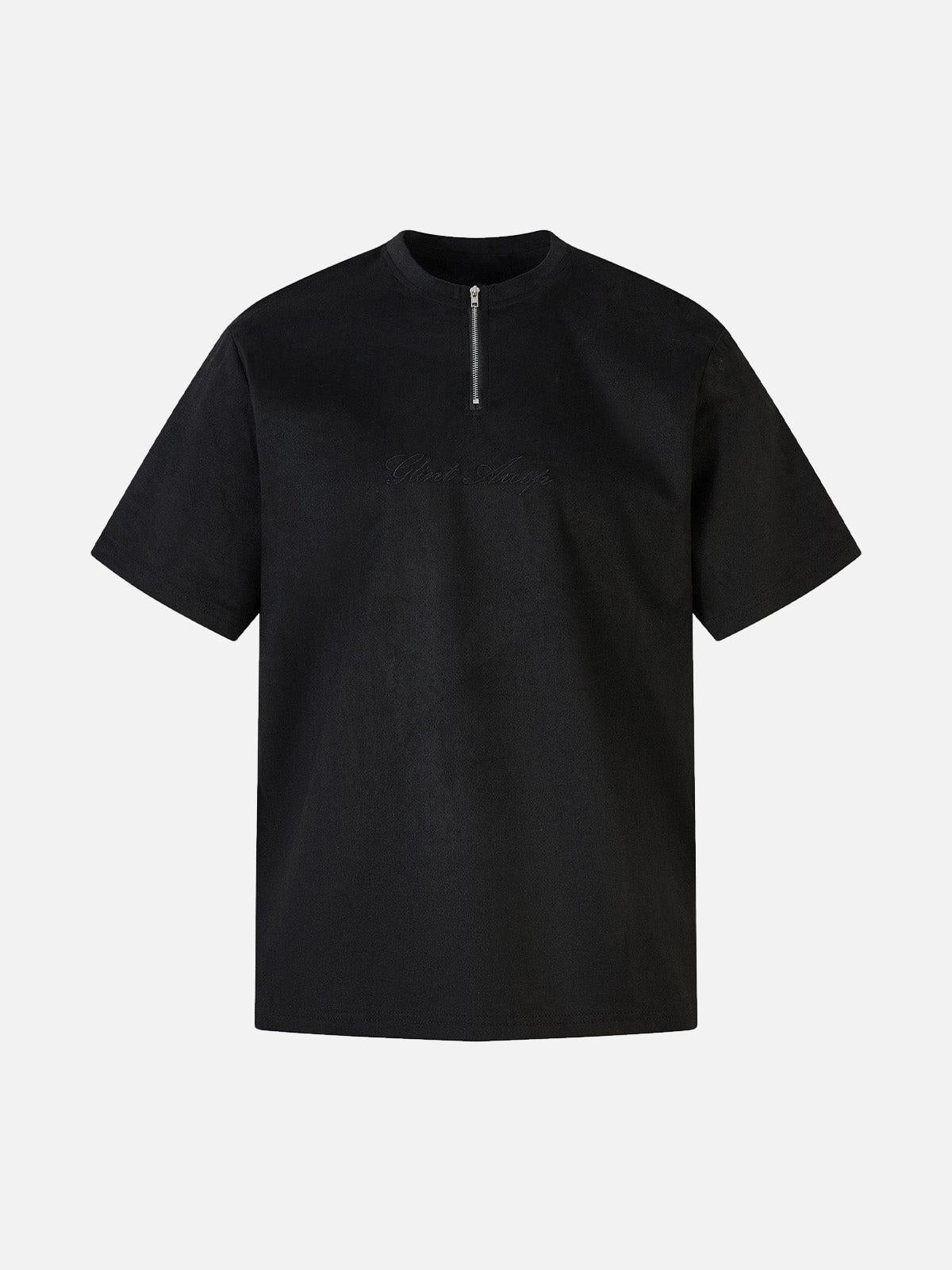 TALISHKO Retro Quarter Zip Up Suede Embroidered T-Shirt