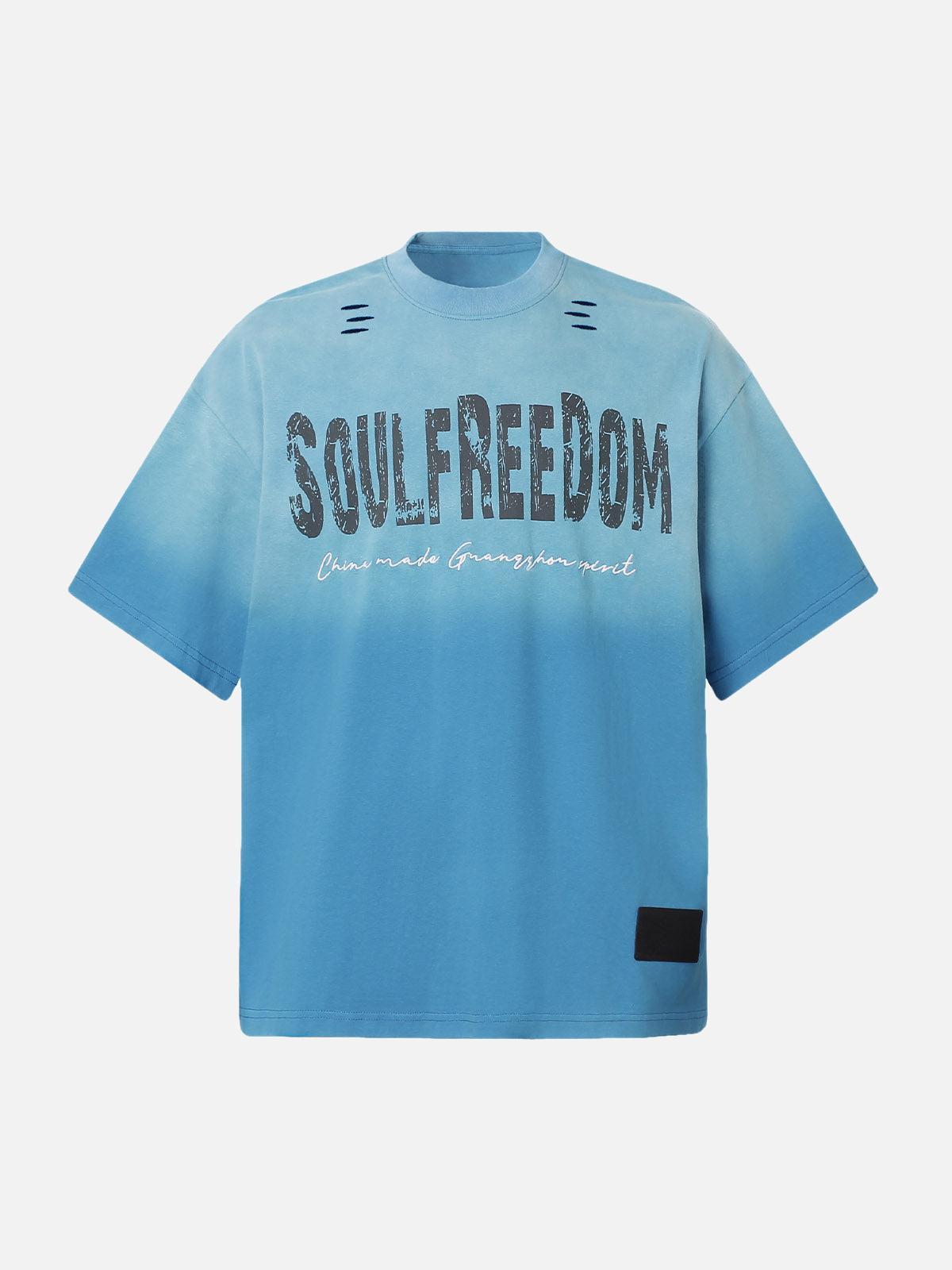 TALISHKO Distressed Gradient Letter Print Crew Neck T-Shirt