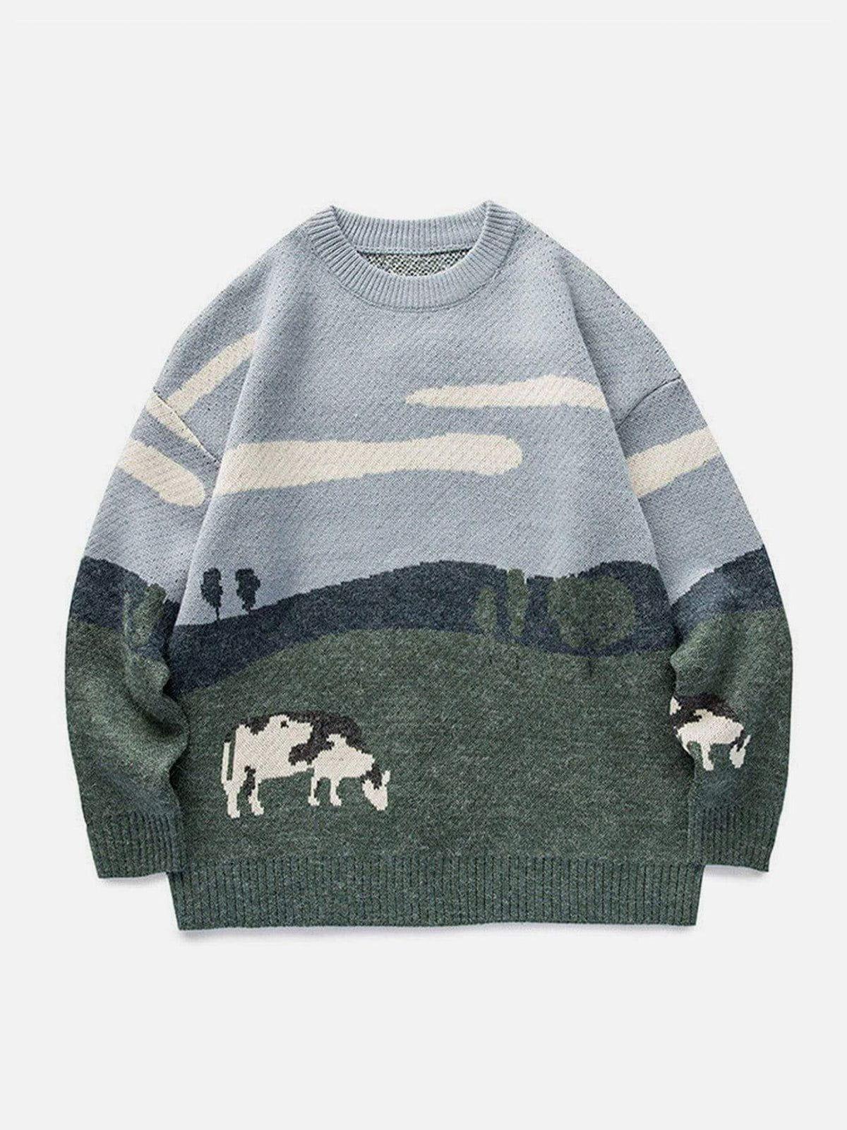 TALISHKO Vintage Prairie Cow Pattern Streetwear Sweater