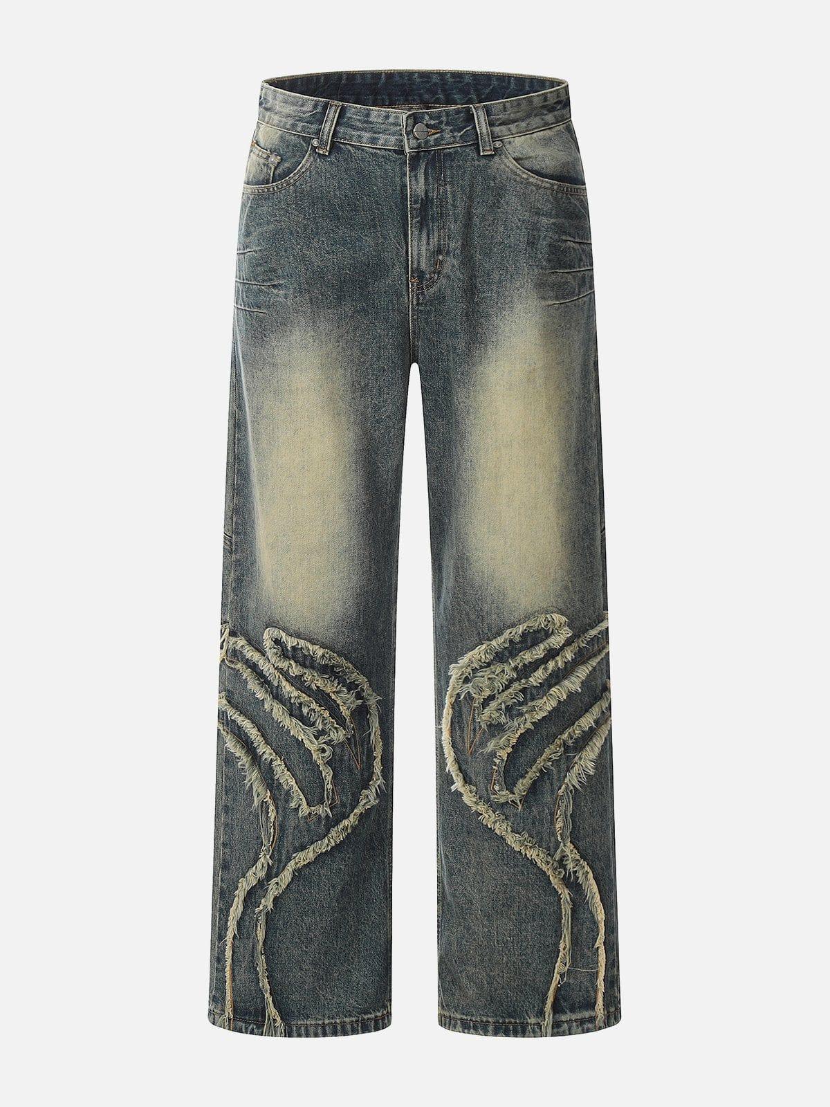 TALISHKO Abstract Pattern Raw Edge Patchwork Jeans