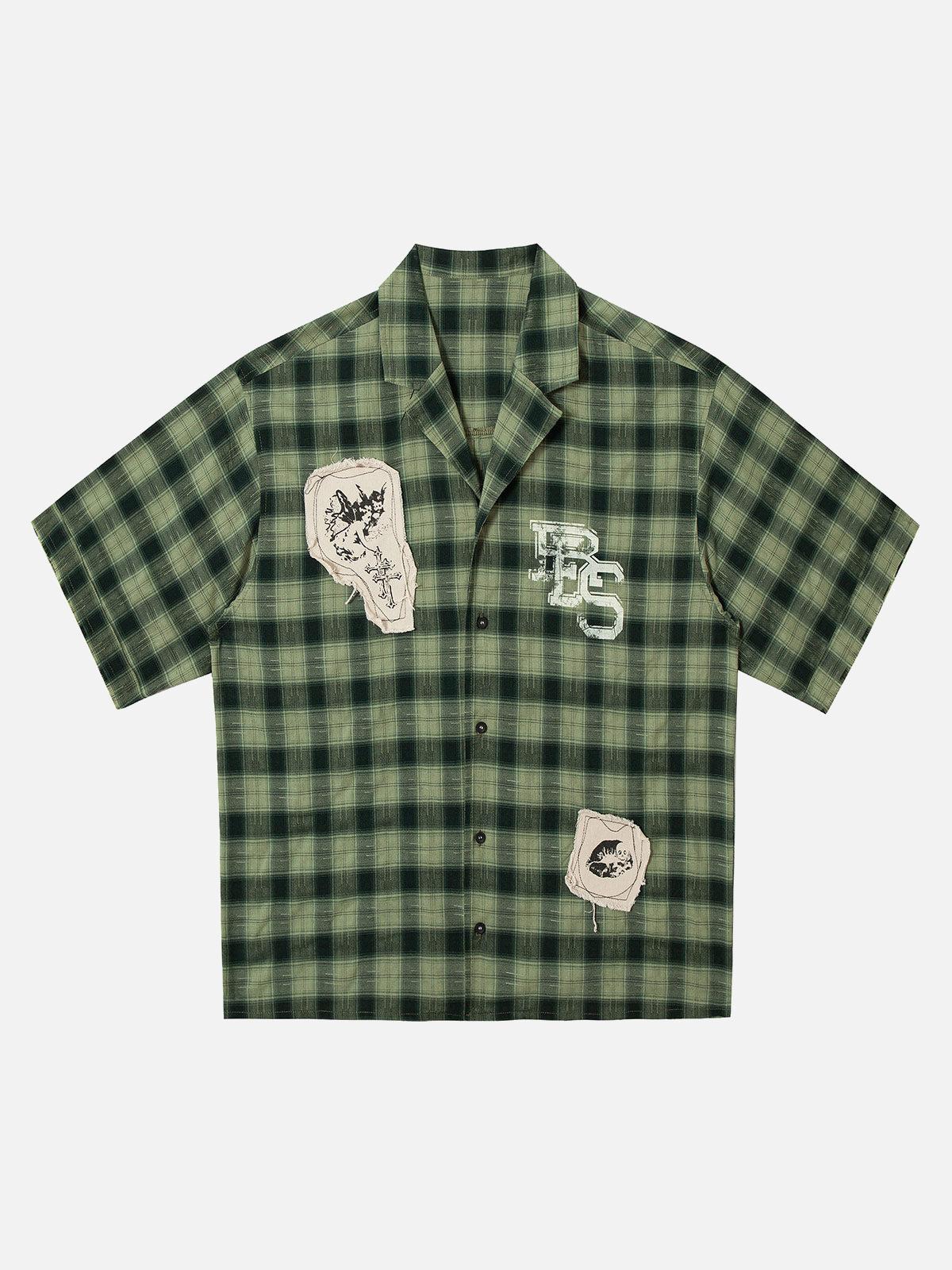 TALISHKO Plaid Applique Printed Short Sleeve Shirt