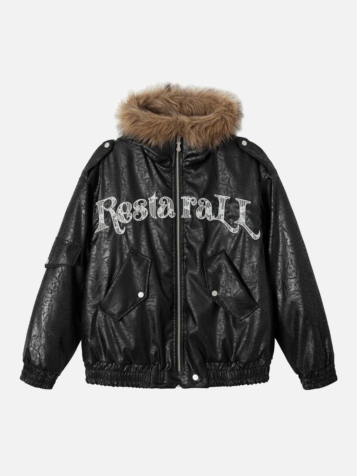 TALISHKO Lace Lettering Fur Hooded Leather Quited Jacket