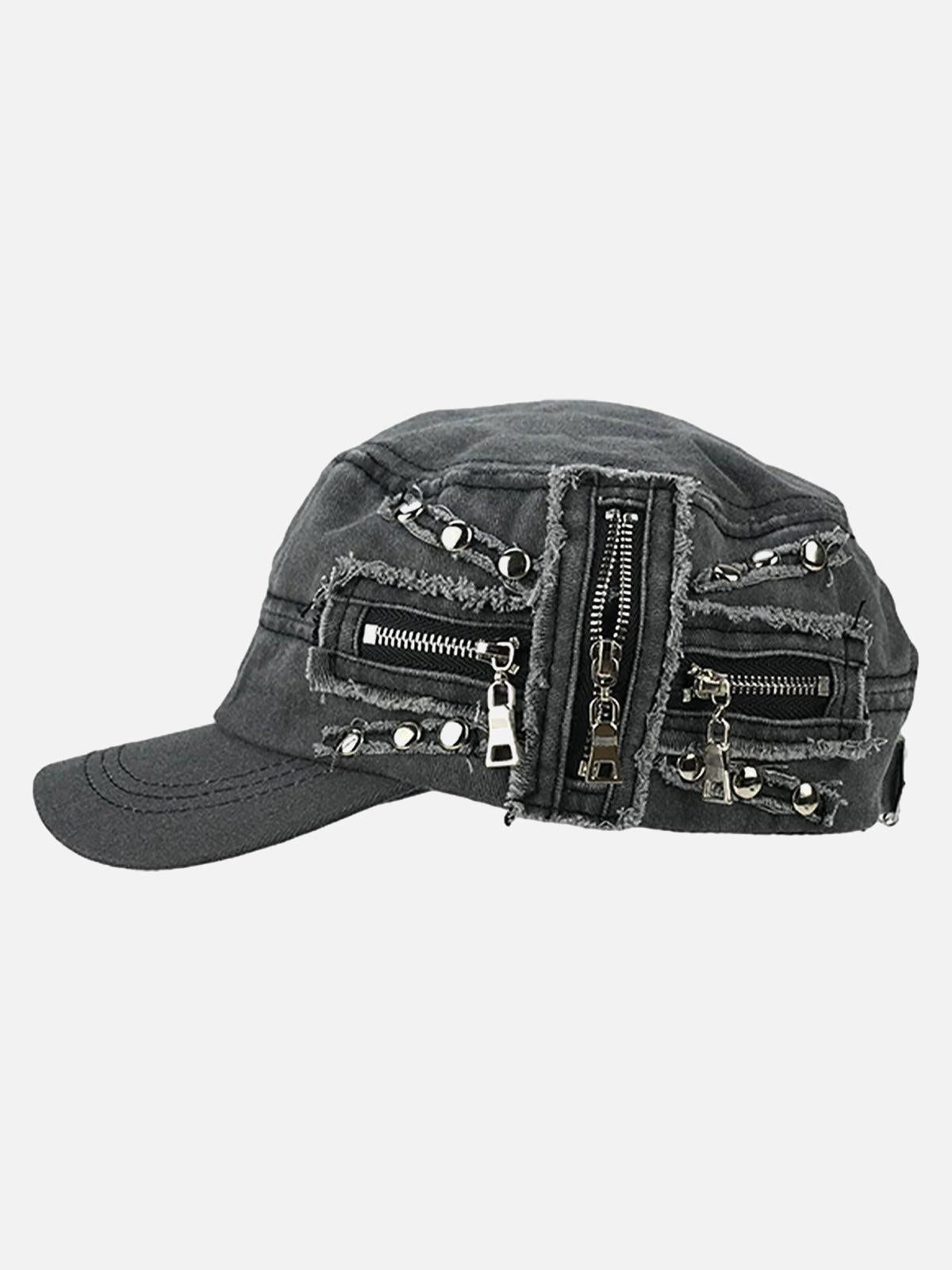 TALISHKO Washed Rivet Zipper Flat Top Cap