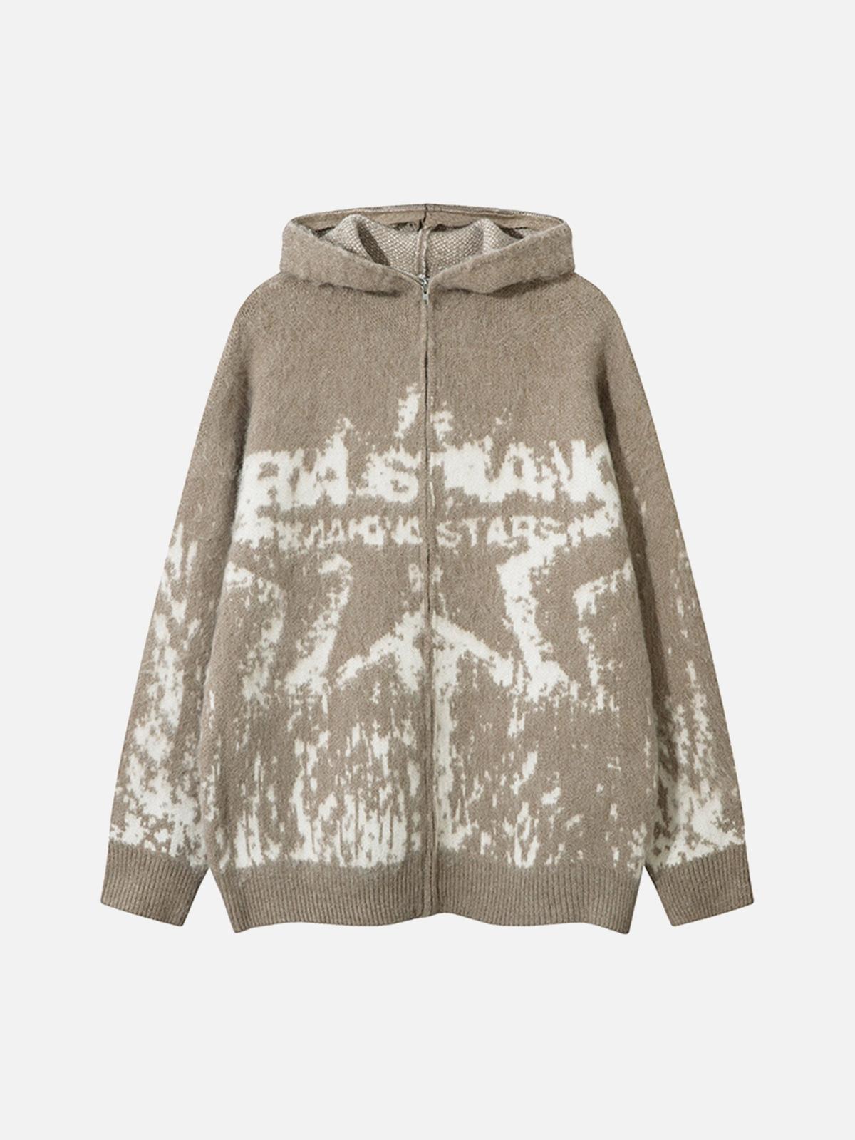 TALISHKO Star Mohair Fuzzy Hooded Zip Up Sweater